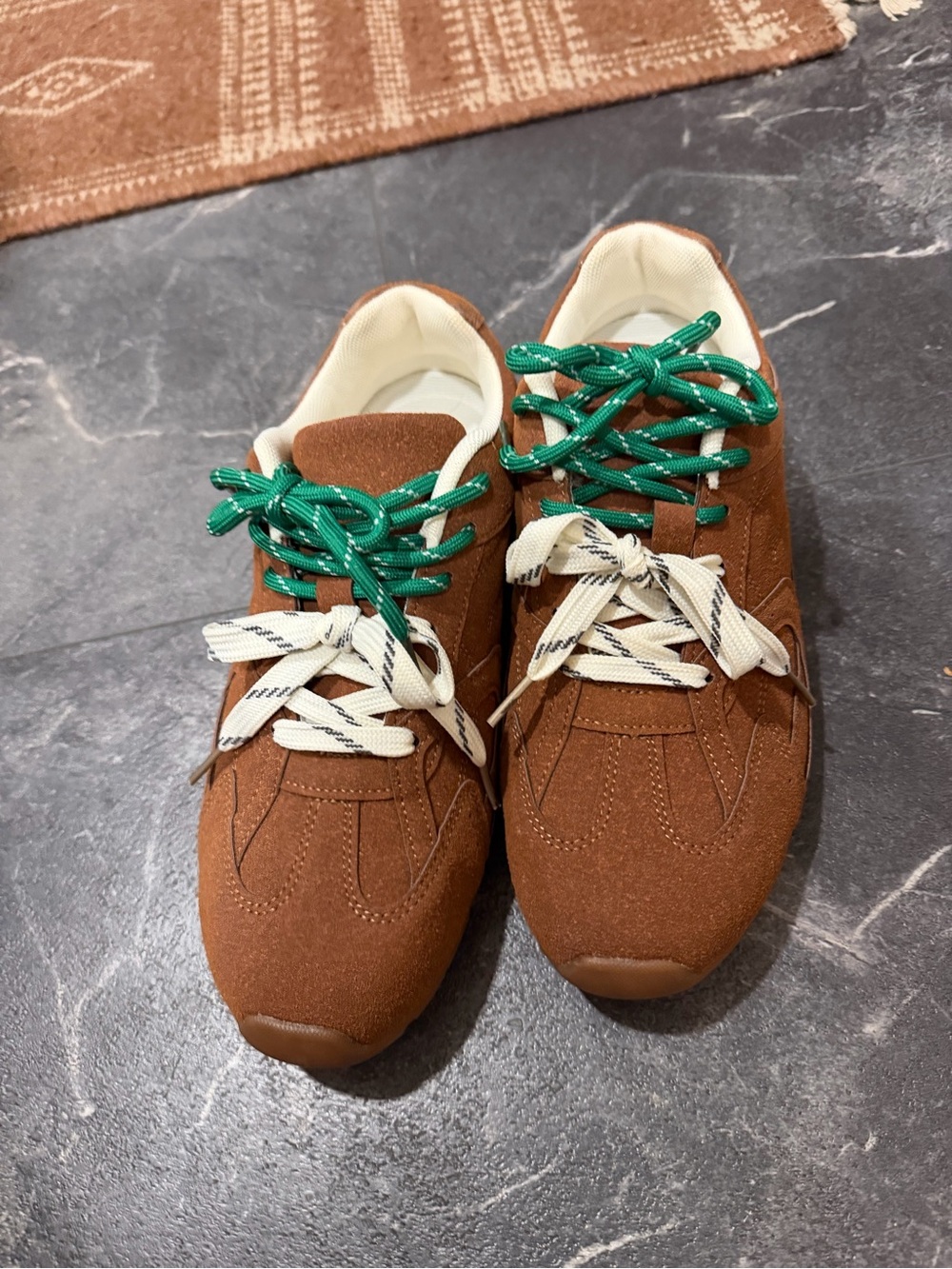 Women’s  Brown Suede Casual Sneakers with Green Accent Laces 8